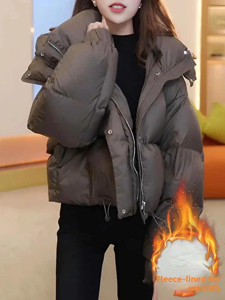 เสื้อโค้ทผ้าฝ้ายทรงหลวมสไตล์เกาหลีสำหรับผู้หญิง รุ่นใหม่ประจำฤดูหนาวปี 2024 ดีไซน์ทรงขนมปัง ช่วยให้ดูผอมเพรียว พร้อมซิปปิด