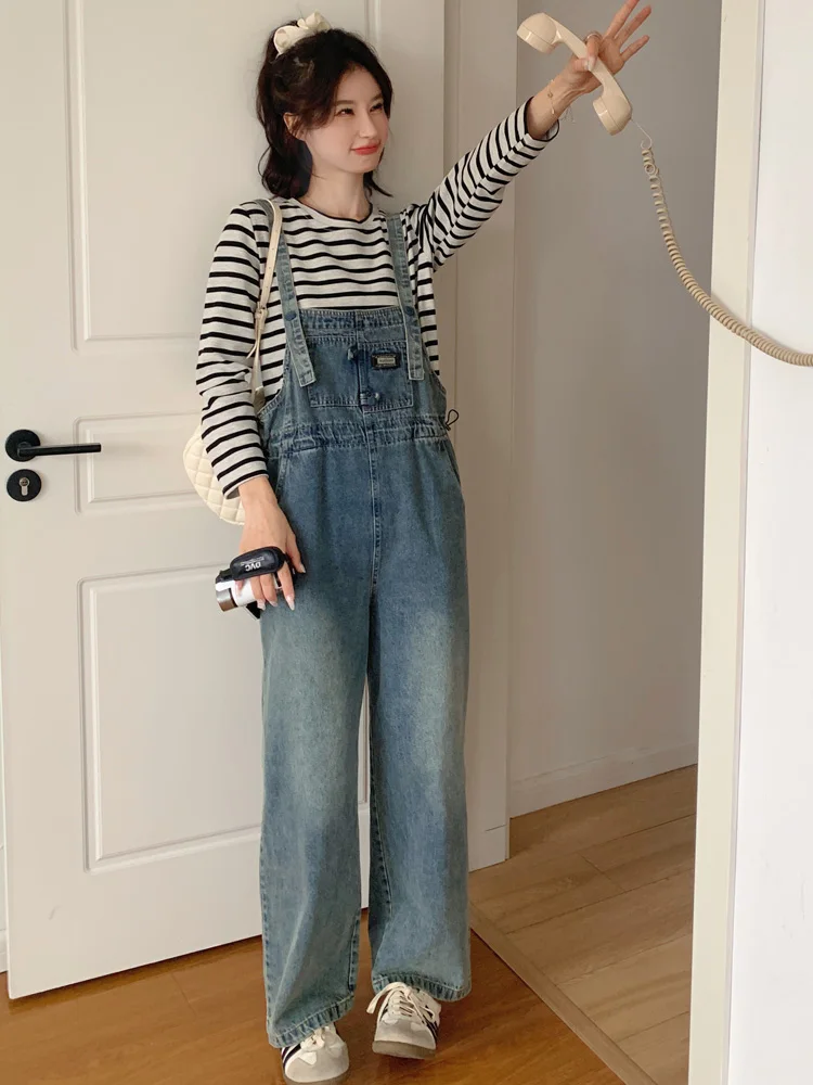 Peto vaquero informal para mujer, novedad de primavera, estilo coreano, pantalón largo de pierna ancha, cintura alta, cierre de cremallera, tacto fresco, azul.