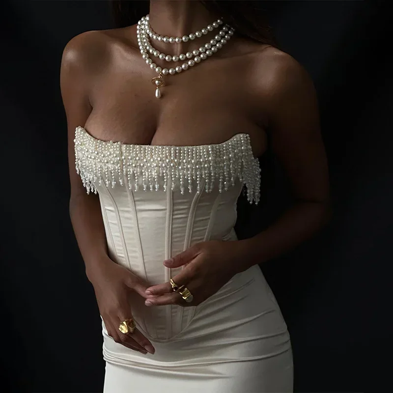 Pearl Tassels Corset Top White Strapless Satin Crop Top Vintage Bandage Backless Party Tops For Women Elegant