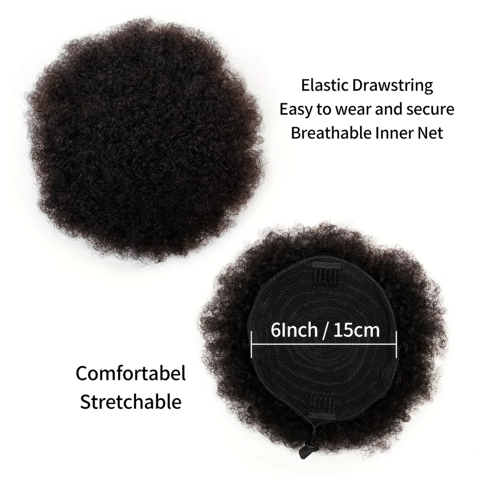 Moño y coleta de cabello humano brasileño afro kinky, rizos cortos, con cordón, color negro natural 4