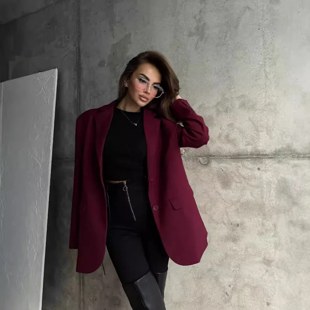 

Свободный крой, однотонный красный костюм, женский осенний модный костюм Ba на молнии с разрезом, универсальная рабочая одежда, классический индивидуальный вид