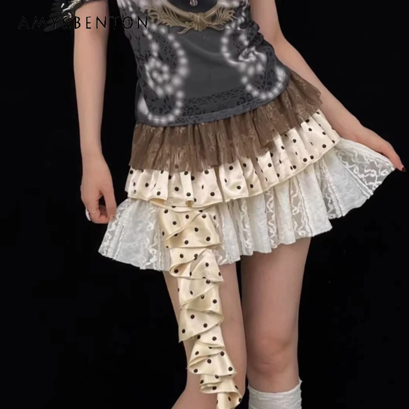 

2026 Spring Summer Multi-layer Lace Splicing Women's Short Skirt Original Design Cute Polka Dot Fungus Edge Cake Skirts Ladies
