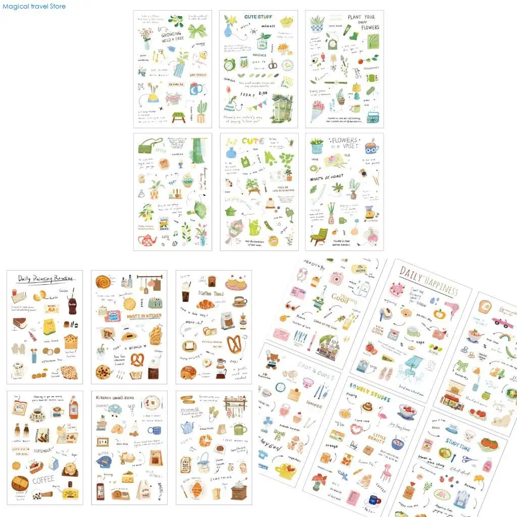 N2UB 6Sheets Waterproof Scrapbooking Sticker PET Decorative Sticker for Journals Notebooks Phone Case Luggage Skateboard