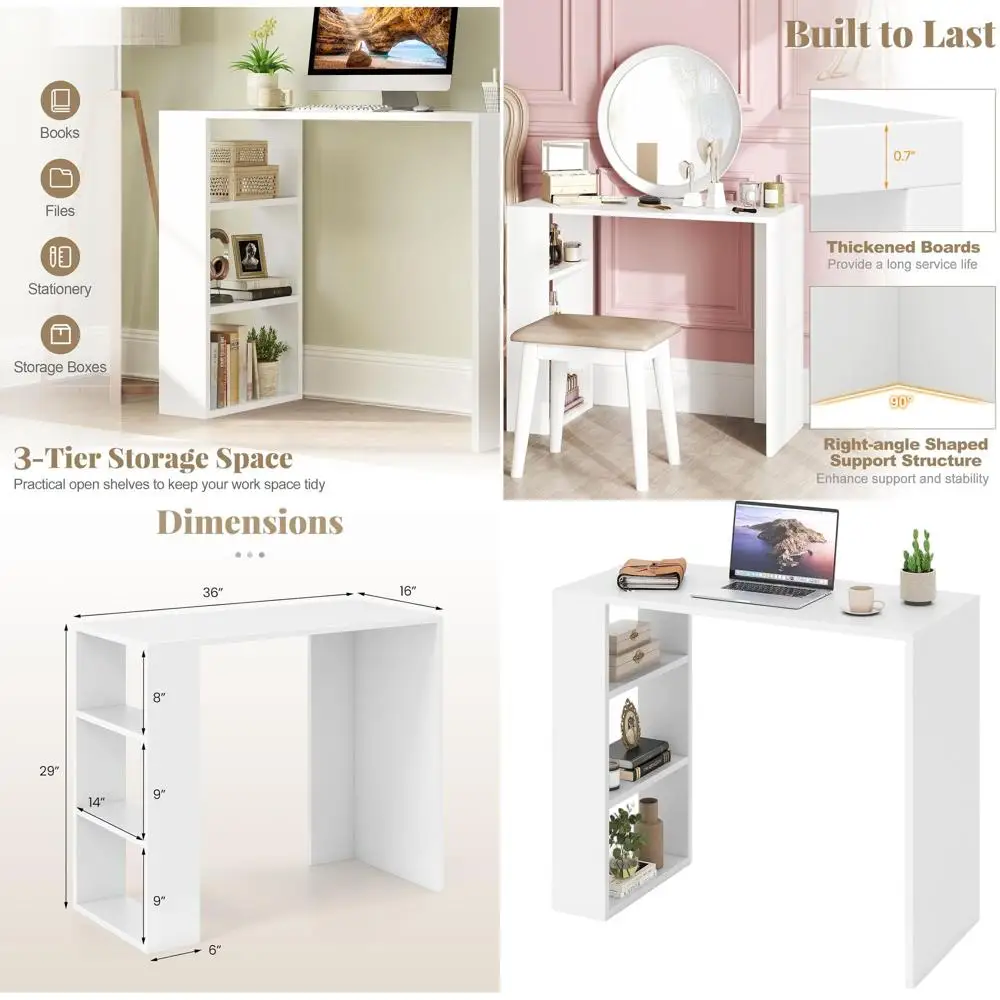 

36 White Compact Desk with Storage Shelves and Anti-Tipping Kit for Home Office, Makeup, and Study