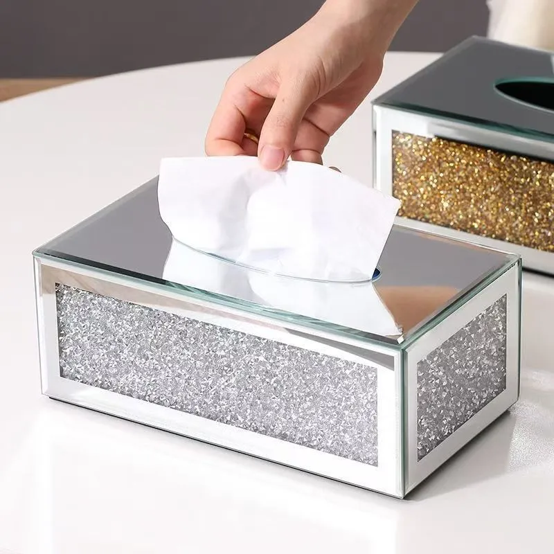 

Crystal Diamond Decorated Glass Mirror Tissue Box Holder Rectangle Bling Napkin Storage Rack Home Decoration