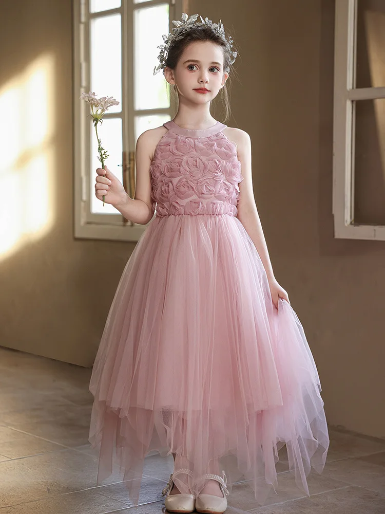 Flower Girl Dress Halter 3D Rose Dusty Pink Tulle Irregular Hem Girls Long Princess Gown for Wedding Birthday Pageant Party2-10Y