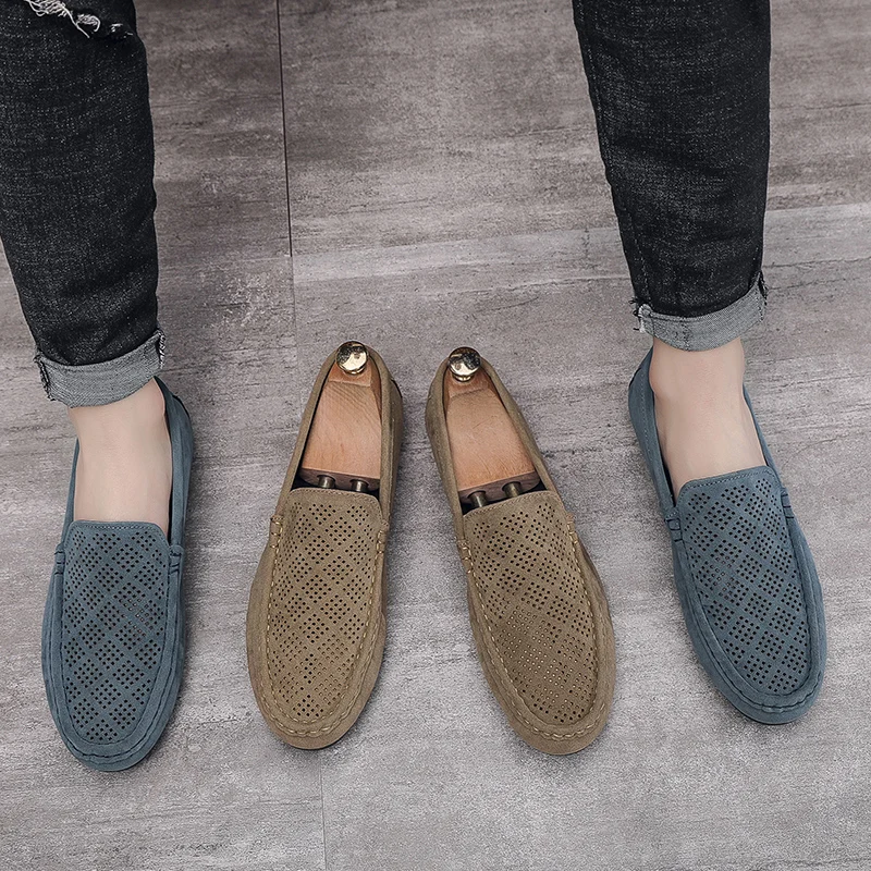 STRONGSHEN Men Shoes Casual Luxury Brand Slip on Suede Hollow Loafers Men Moccasins Summer Breathable Italian Men Driving Shoes