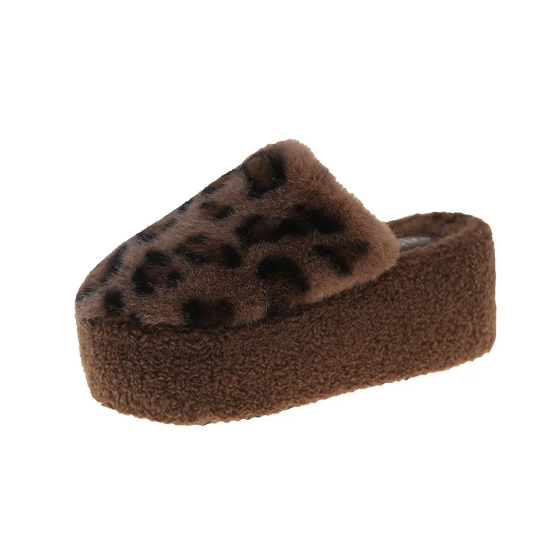 Flock Flat Shoes Female Slippers Heels High Short Plush Rubber Totem with High-Heeled Shoes Lady Slippers Flat Flock Totem Rubbe