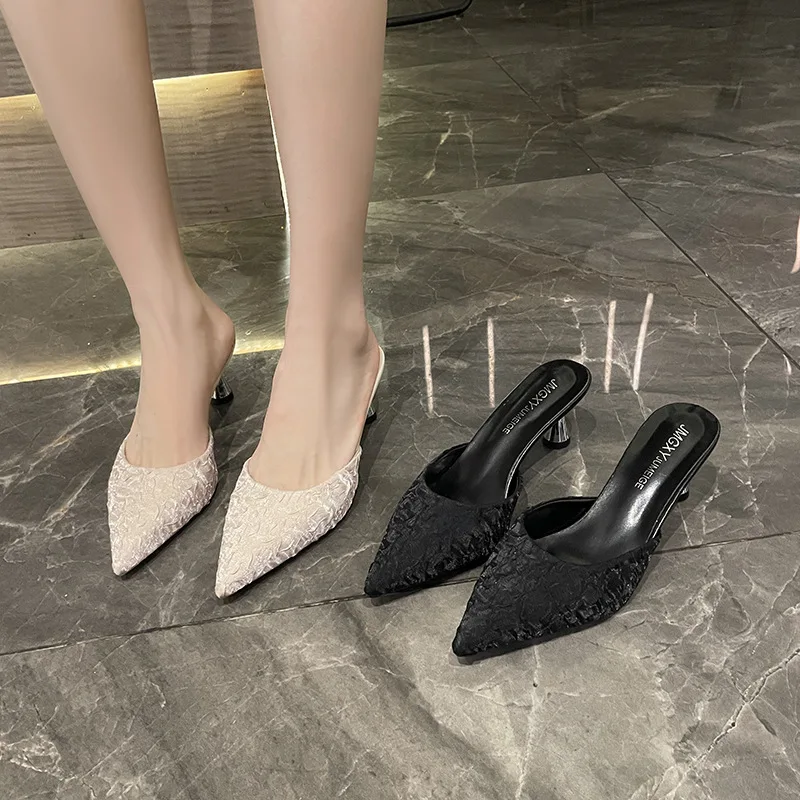 

New Baotou semi-drag versatile fashion pointed head stiletto high heels fitting Muller cool slippers tide