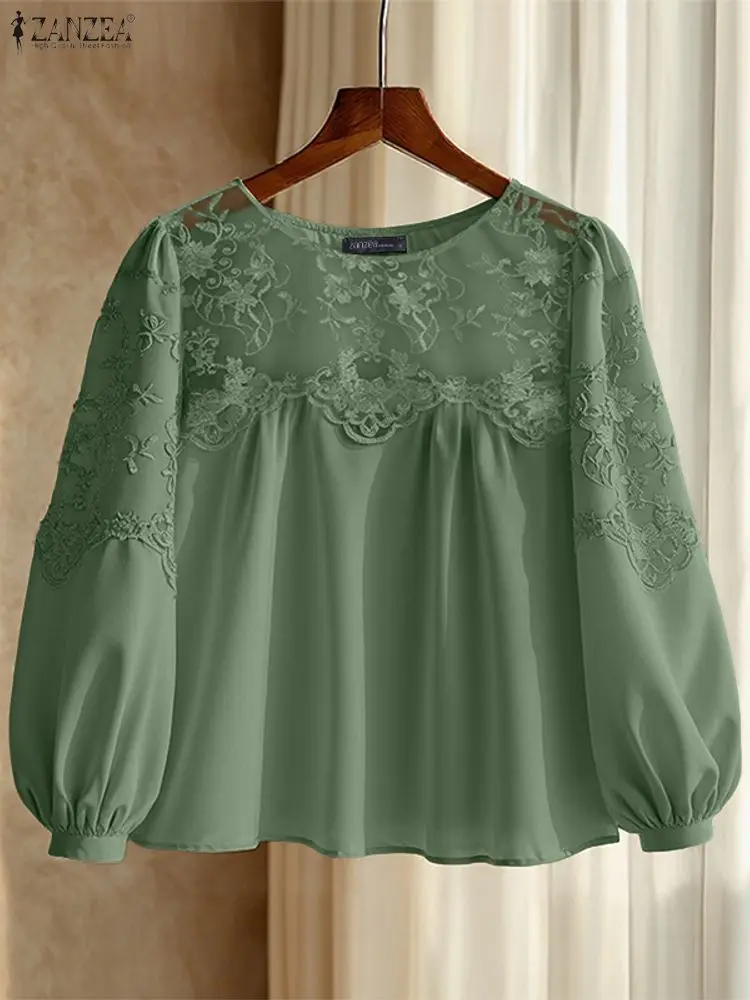 Koszule Jesienne ZANZEA Elegancka Bluzka Koronkowa Damska Patchworkowa Casualowa Moda 2025 Tunika z Falbankami Długi Rękaw Vintage Bluzki Damskie