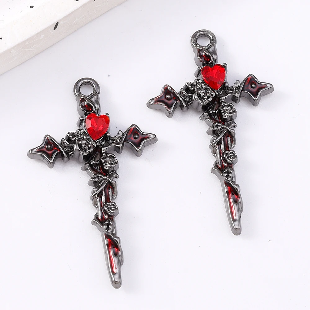 

5pcs Gothic Cross Charms Zircon Love Heart Rose Pendant for Jewelry Making Necklace Earrings DIY Metal Punk Jewelry Accessories