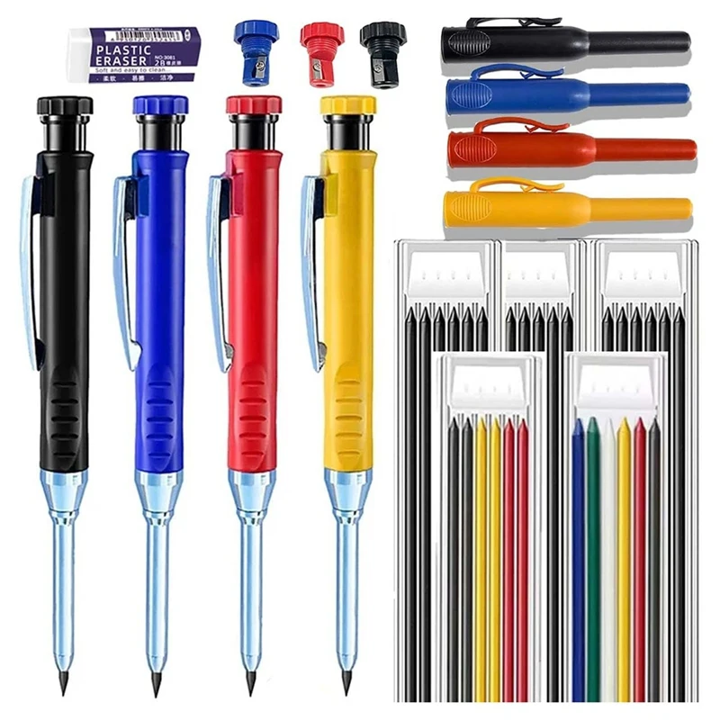 ABSU 4 Carpenter Pencils, 34 Pen Cores, Deep Hole Marking Structure, With Sharpener, Mechanical Carpenter Pencil, Architect