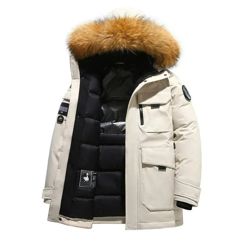 

Mens Down Jacket Winter Lined White Duck Down Outdoor Travel Warm Jackets Fashion Hooded Fur Collar Design Lightweight Parka