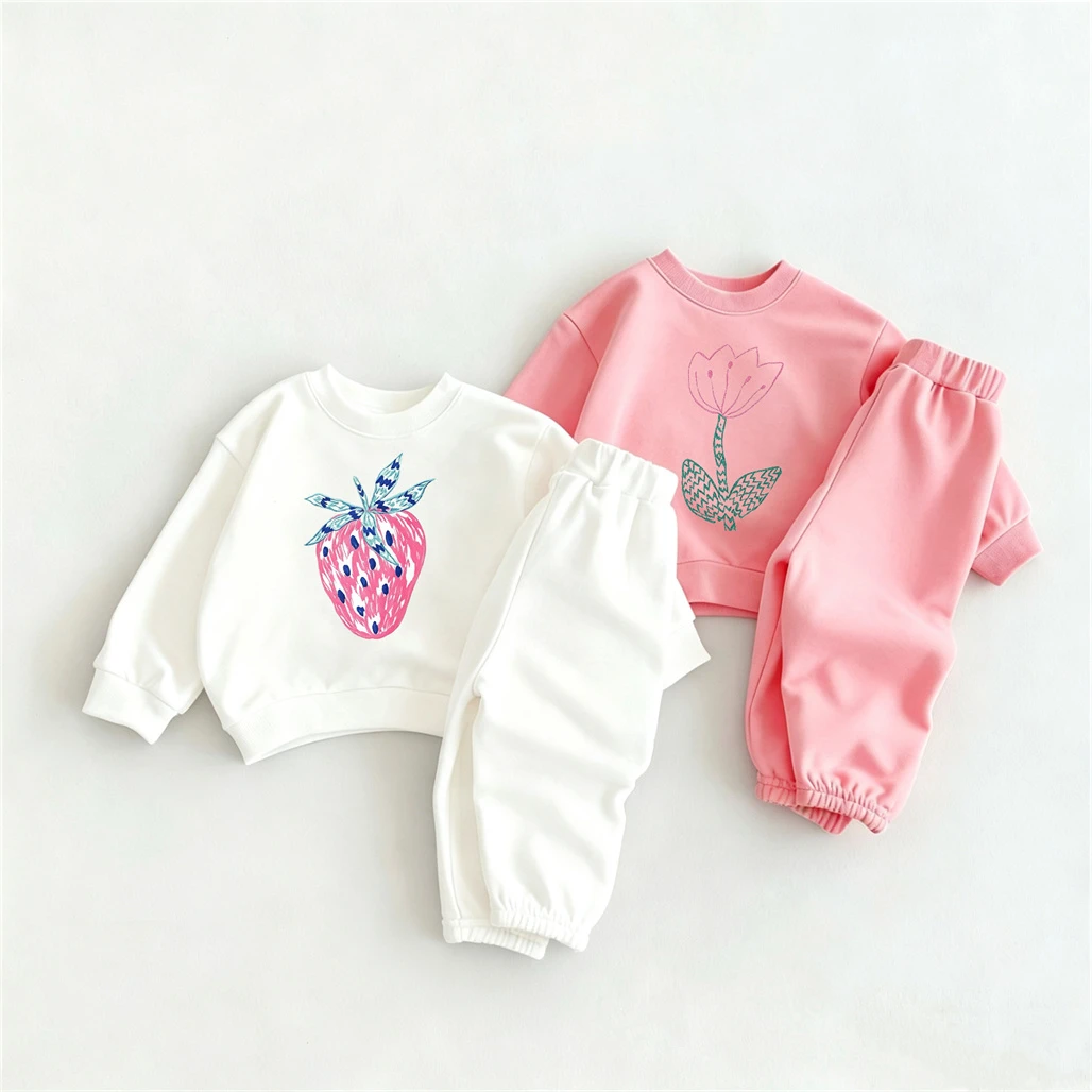 Pink White Suits Girls Child Long-sleeved Tracksuits Lovely Sweatshirt Solid Color Pants Outfits Toddler New Design Autumn Wear