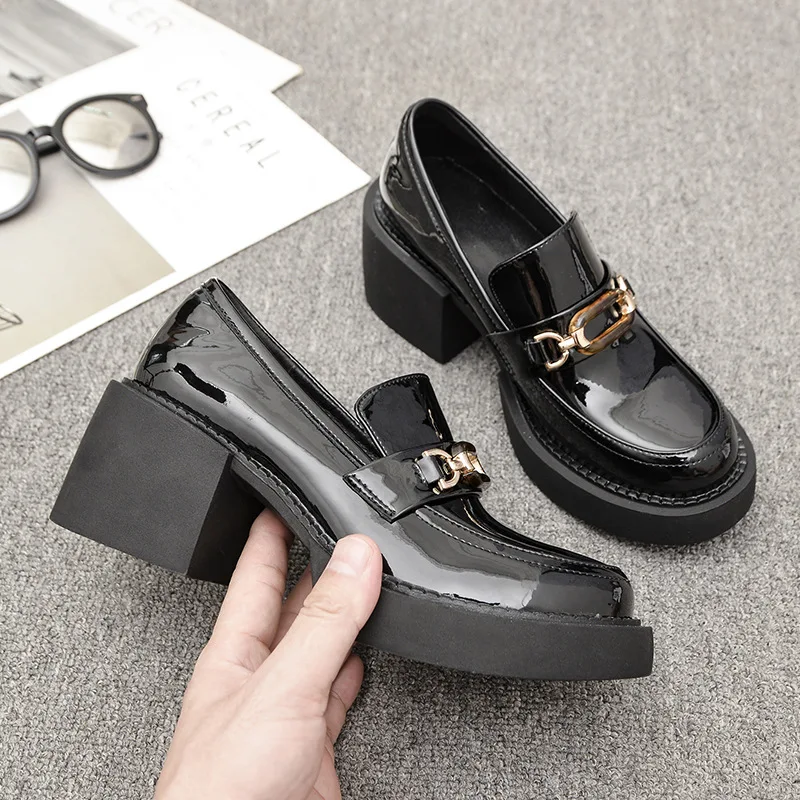 Women Pumps Loafers Chunky High Heel Platform Metal Chain Female Shoes Ladies Retro Fashion Round Toe Casual College Footwear