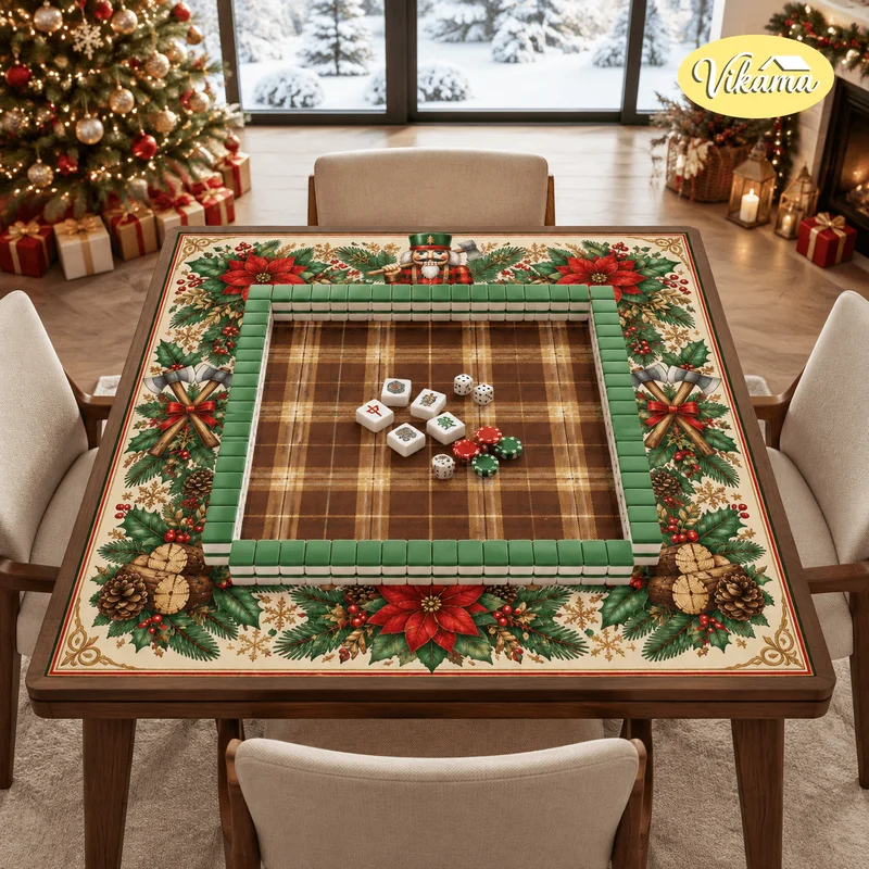 VIKAMA Green-and-White Checkered Mahjong Table Mat, American-Style Zoned Non-Slip and Noise-Reducing Game Mat, Home Decor
