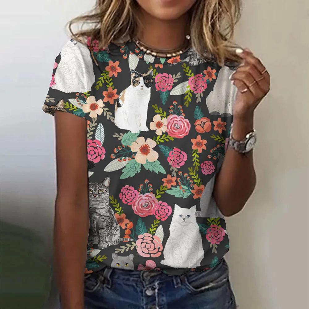 Cartoon Cat 3D Print Kitten T-Shirts Women Fashion O-Neck Short Sleeve T Shirt Y2k Harajuku Oversized Tees Tops Female Clothing
