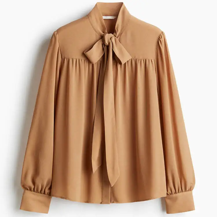 Outono novo feminino longo Sve Faion casual versátil gola com nó lanterna Sve chiffon top respiração amiga da pele...