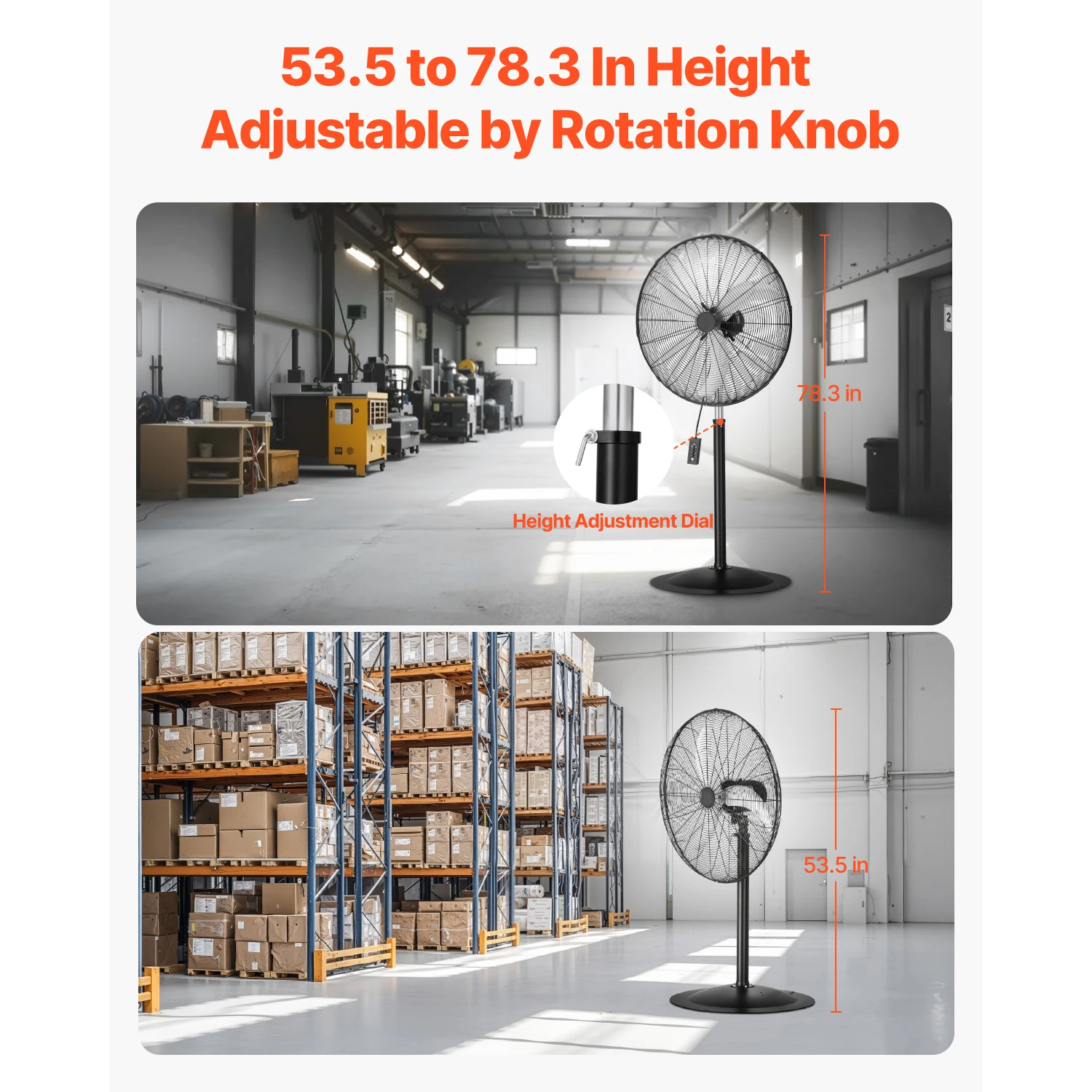 VEVOR مروحة بقاعدة صناعية 85 درجة تتأرجح ارتفاع مروحة مراوح قائمة قابلة للتعديل مع 3 سرعات قابلة للتعديل لغرفة النوم والمنزل