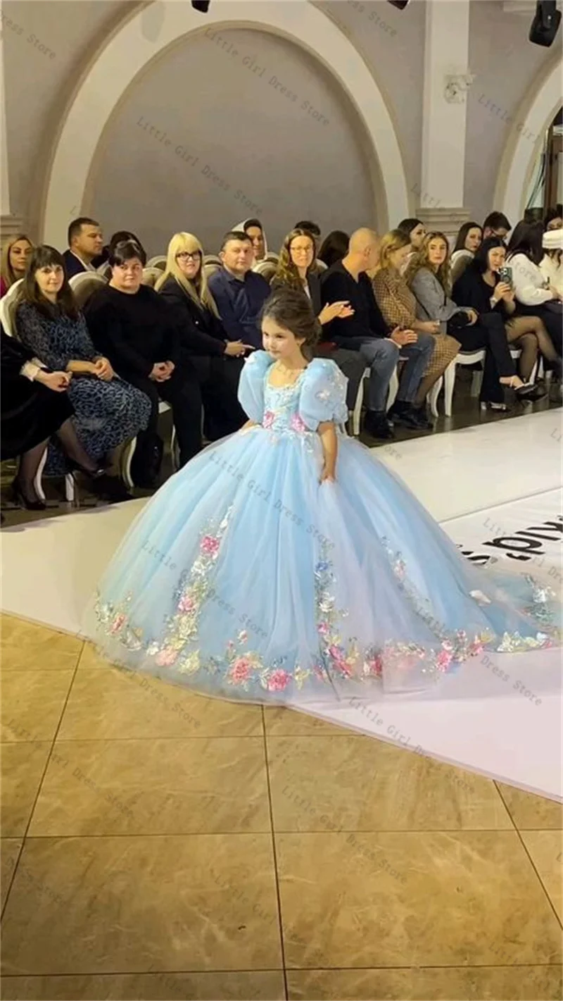 Light Blue Princess Flower Girl Dress Elegant Colorful 3D Floral Wedding Gown Kids Birthday Party Pageant Gown Customized