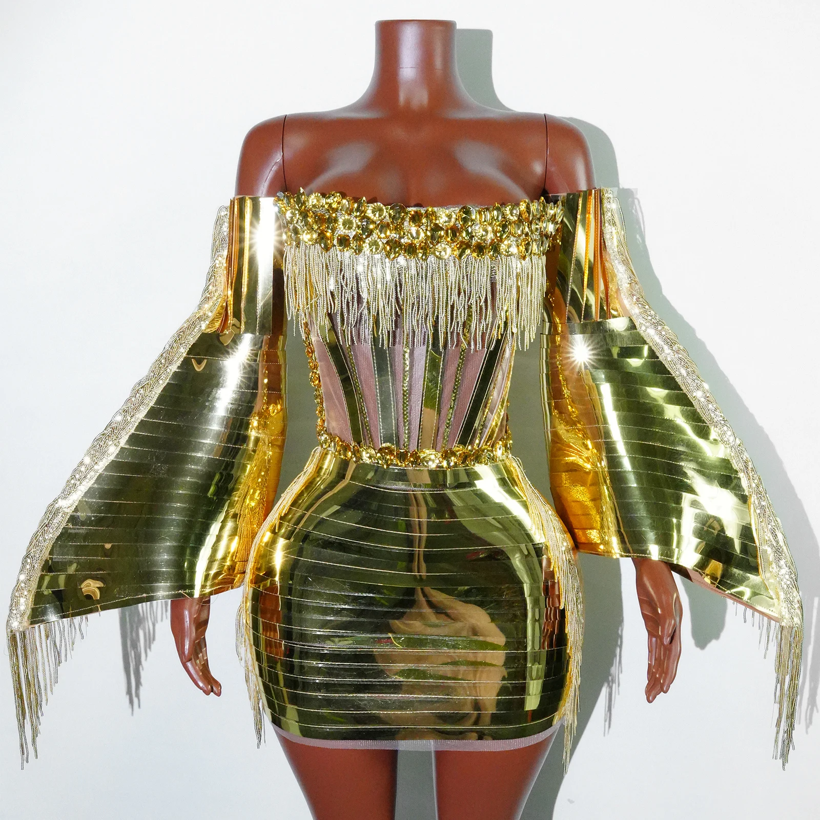 

New Sexy Gold Net Set And Rhinestone Transparent Tassel Gloves For Party Dance Singer Stage Birthday And Nightclub Costume