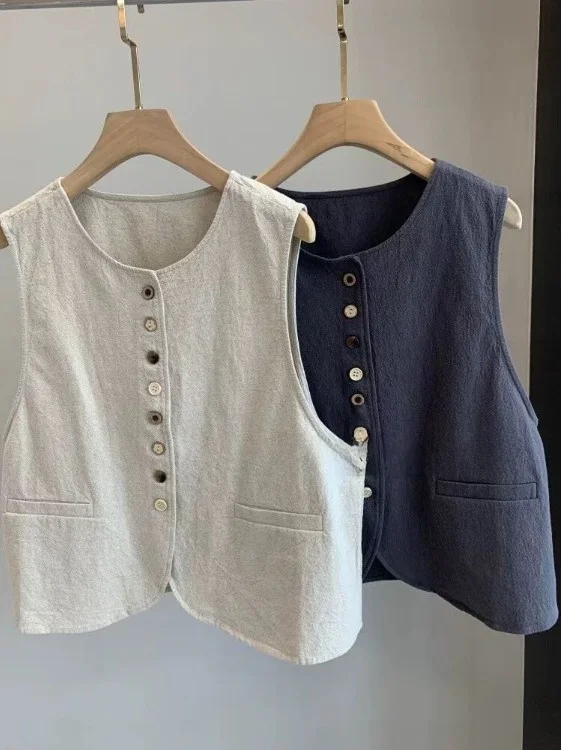 

Japanese Style Simple Fashionable Cotton Linen Vest Large Size Women's Loose Slimming Color Sleeveless Button up Vest
