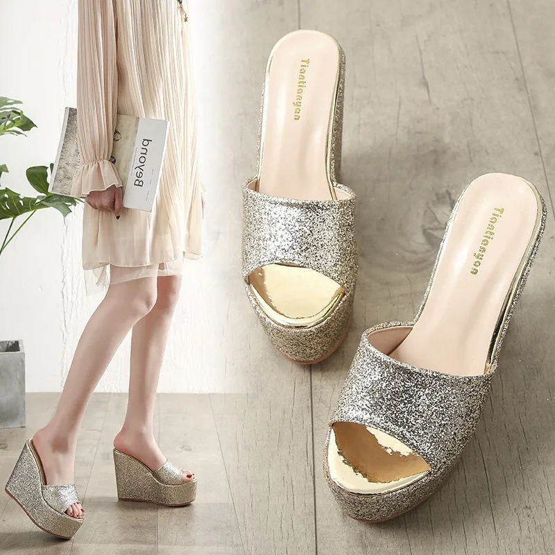 2024 Women 14cm High Square Heels 5cm Platform Pumps Summer Catwalk Sandals Designer Sandals Muffin Slides Sequin Bling Shoes