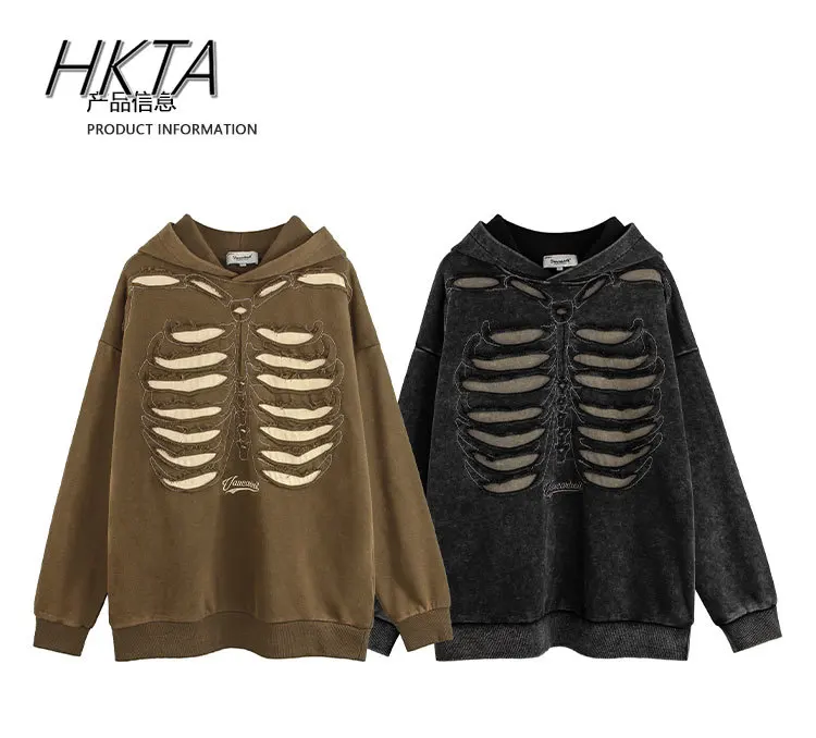 Punk Design Trendy Brand Skull Ripped Hip Hop Hooded Sweatshirt Men and Women Oversize Washed Couple Jacket Hoodies Pullover Y2K