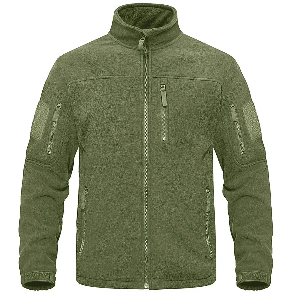 Full Zip Up Tactical Green Fleece Jacket Thermal Warm Work Coats Mens Pockets Safari Jacket Hiking Outwear Windbreaker