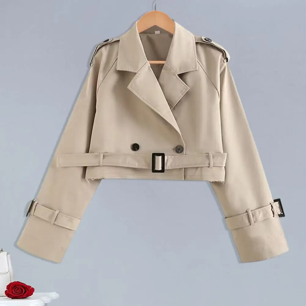 

Women Solid Color Jacket Women Overcoat Stylish Women's Short Jacket with Turn-down Collar Belt Decor Ripped Edge for Fall