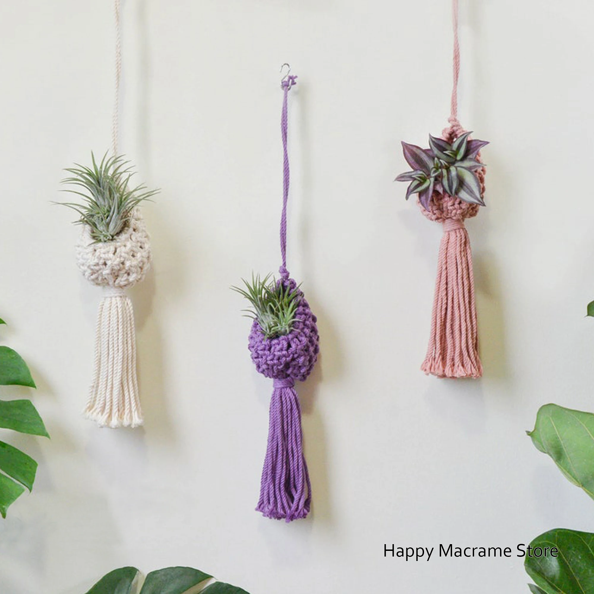 3pcs/set Colorful Boho Macrame Air Plant Holder Kitchen Storage Plant Hanger Hand Weaving Flowerpot Net Bag For Home Decor