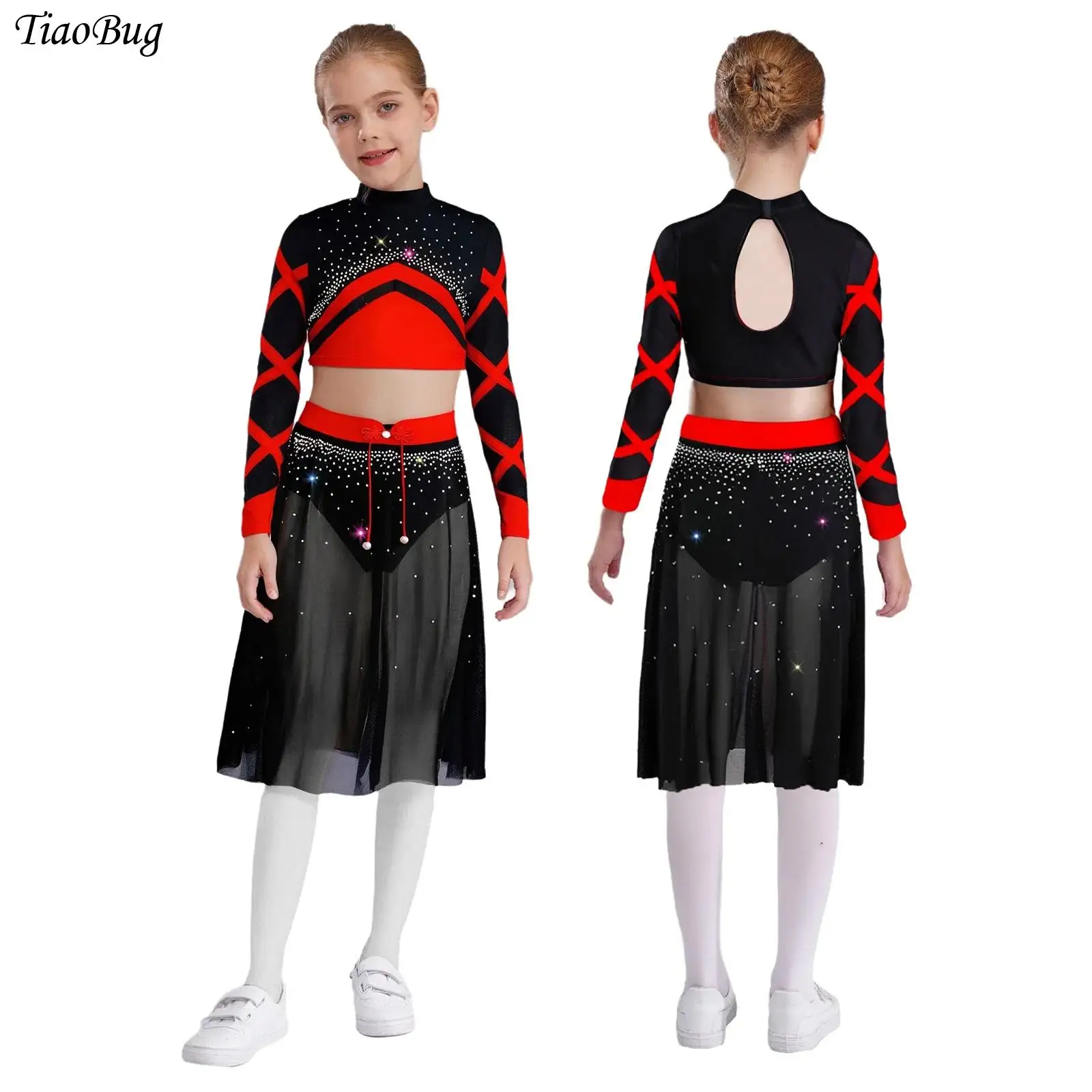 

Girls Lyrical Dance Set Ballet Jazz Dance Costume Color Block Outfit Long Sleeve Rhinestone Crop Top with Side Split Mesh Skirt