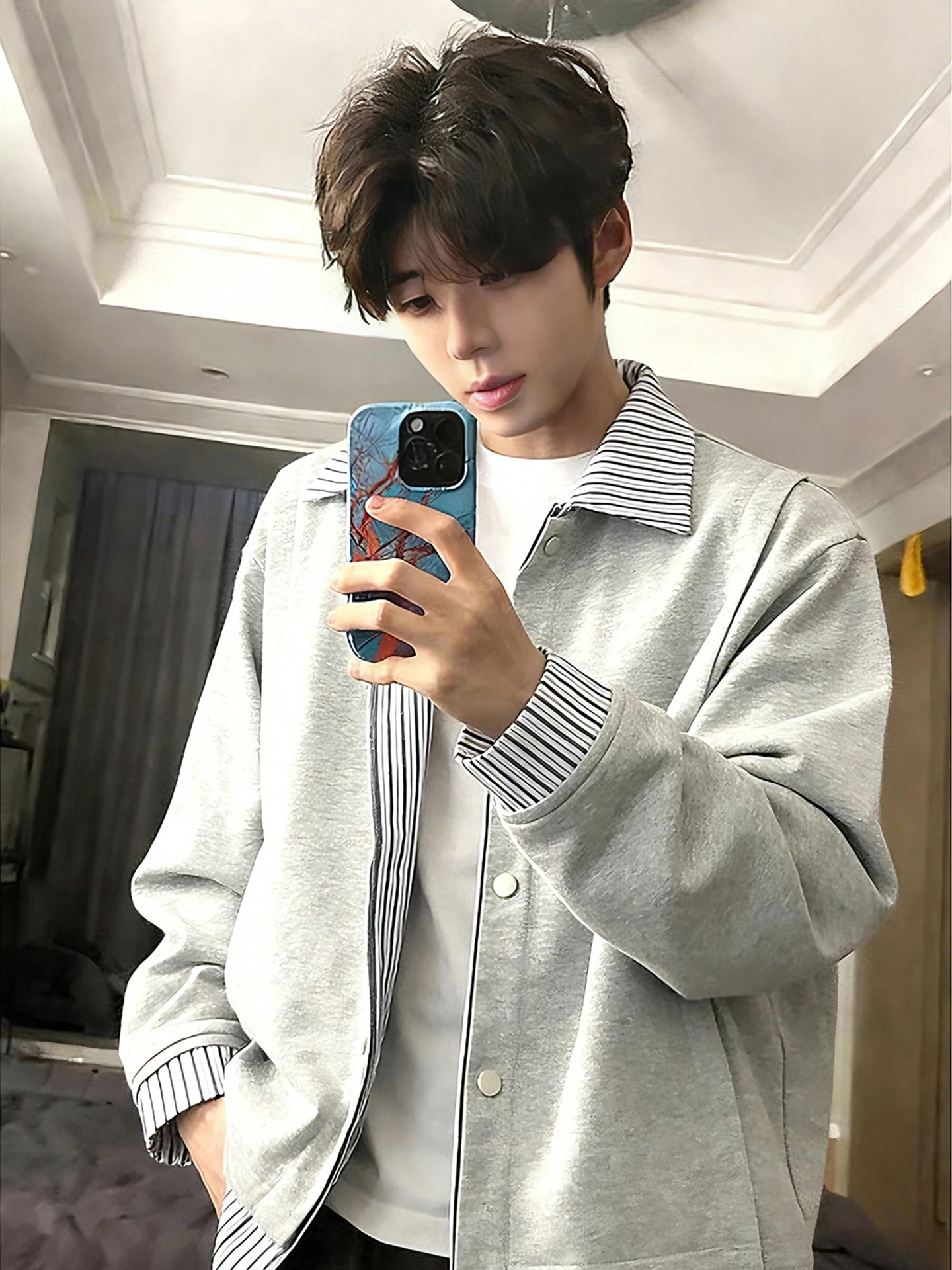 

Мужская весенняя толстовка с воротником-поло в полоску, имитация двухслойной куртки, деконструированный дизайн, парные топы