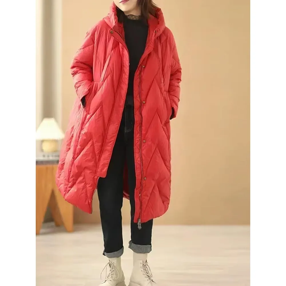 2024 Winter Fashion New Lady Loose Long Coat White Duck Down Jacket Women Overcoat Winter Hooded Puffer Feather Parkas Female