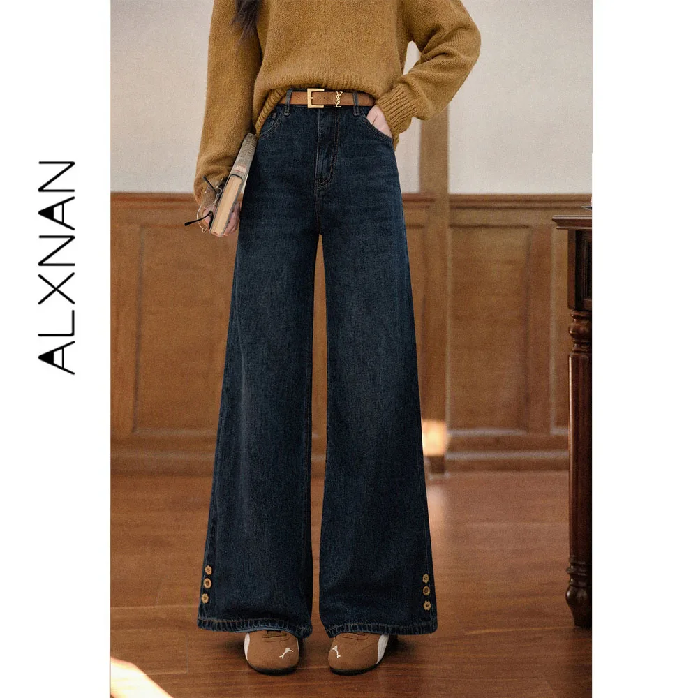 ALXNAN Women's Vintage Blue Bootcut Jeans 2026 Autumn Loose-fit Straight Wide-leg Long Pants Elegant Baggy Trousers L681153A