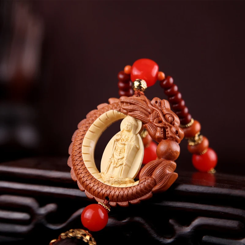 Boxwood Inlaid Car KeyChain Long Tuzhu Station Guanyin Mahogany Mirror Pendant