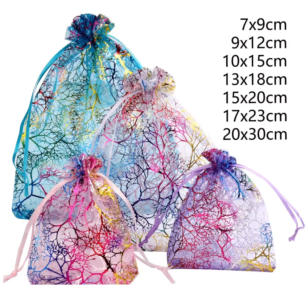 Bolsa de regalo de Organza, embalaje de joyería con cordón, varios tamaños, Impresión de árboles de colores, bolsa de dulces para fiesta y boda,