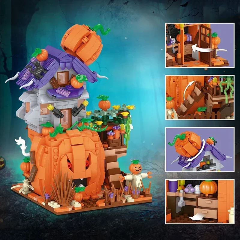 Blocos de Construção de Desenhos Animados para Crianças, Modelo de Casa Abóbora, Bonito Halloween Gift, Brinquedo Educativo, Decoração