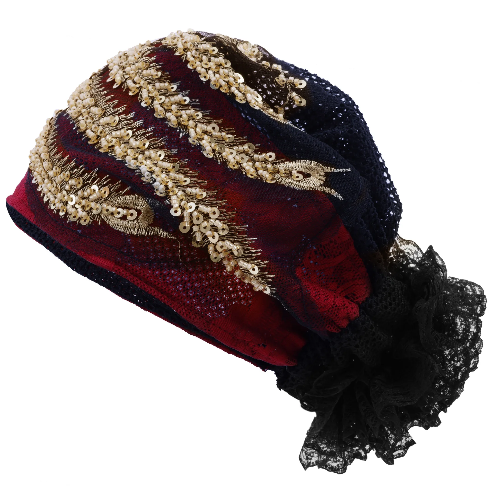 ファッション女性用スパンコール付きケモキャップ、レースフラワーターバン、ムスリムヒジャブ、ビーニー、ボンネット、ビーズ付きヘッドスカーフ、脱毛用ヘッドラップ、ターバン、新作