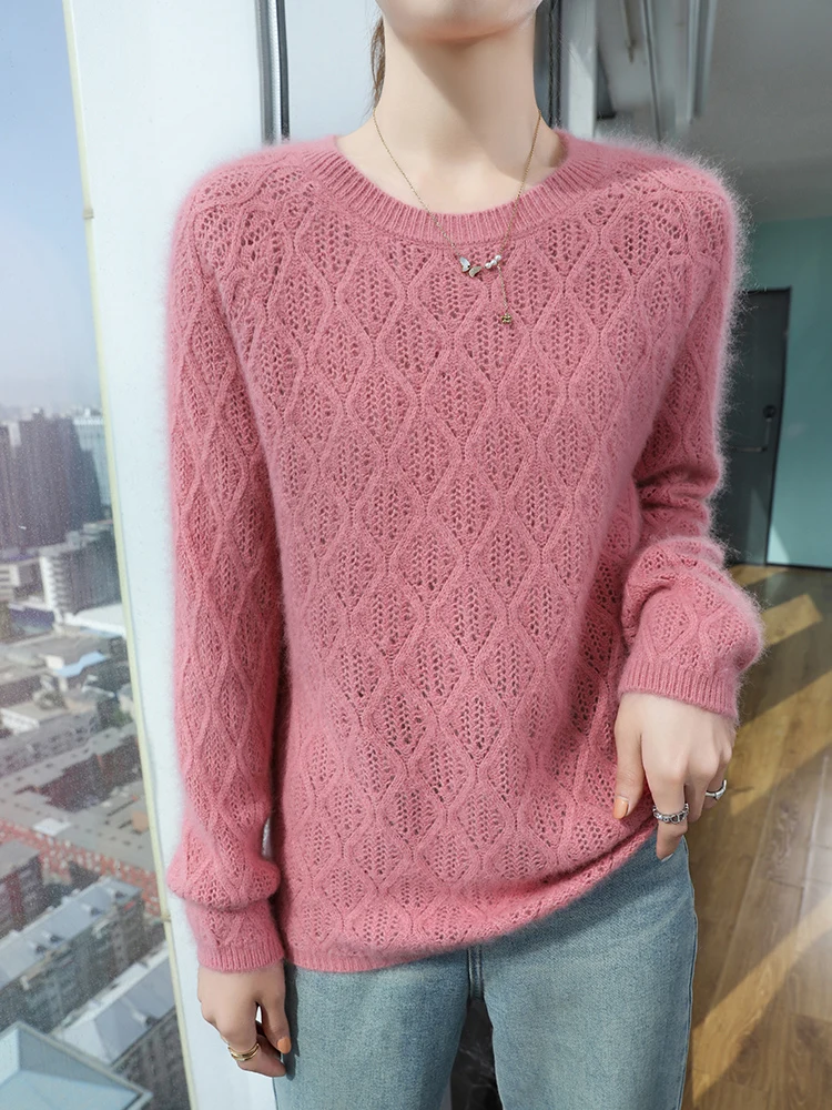 TLOML 여성용 100% 밍크 캐시미어 스웨터 오넥 긴 소매 풀오버 가을 겨울 부드럽고 따뜻한 캐주얼 캐시미어 니트웨어 기본 탑