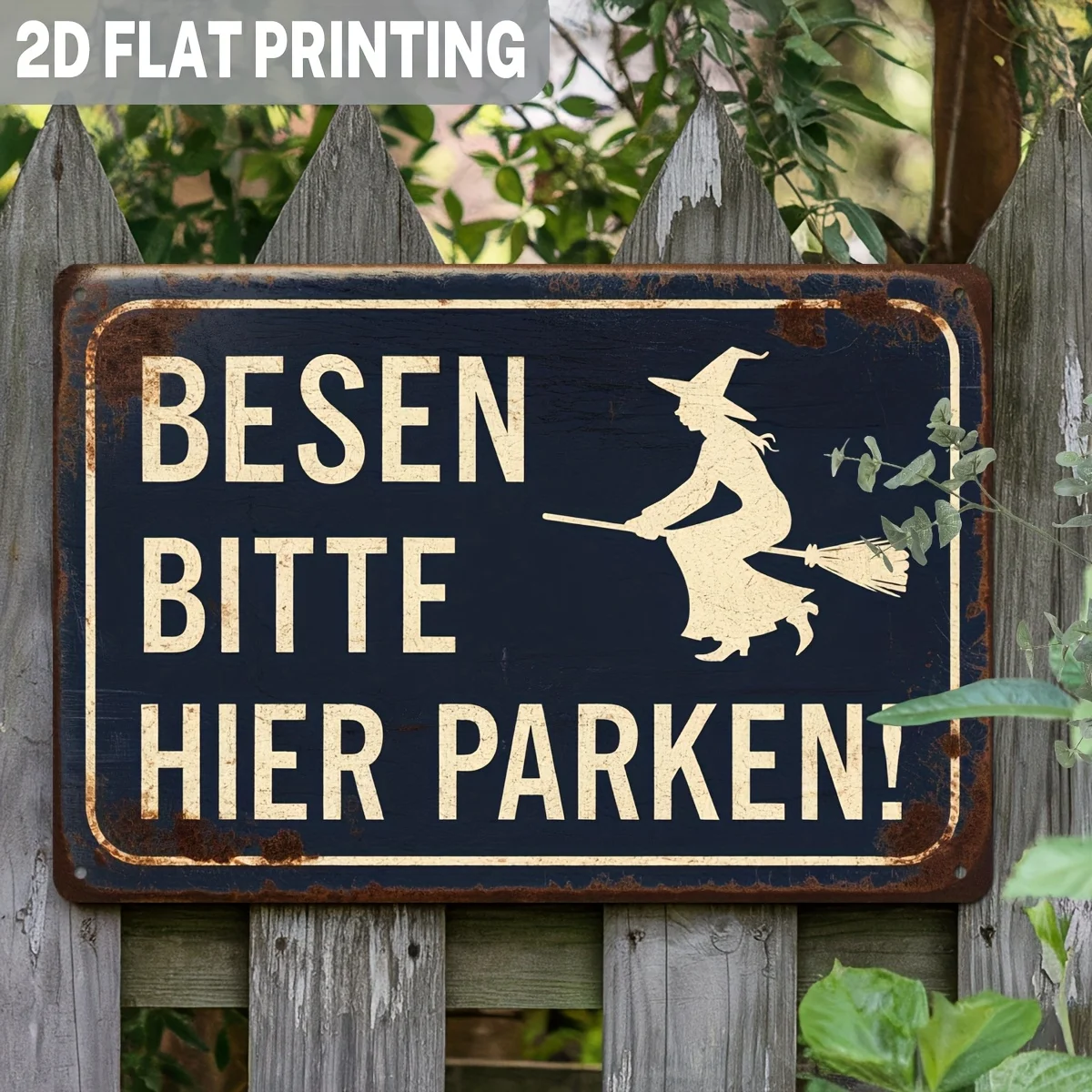 2D Flat, 1pc, German Vintage Broom Please Park Here Metal Sign Witch Broomstick Parking Humorous Halloween Decoration Wall Hangi