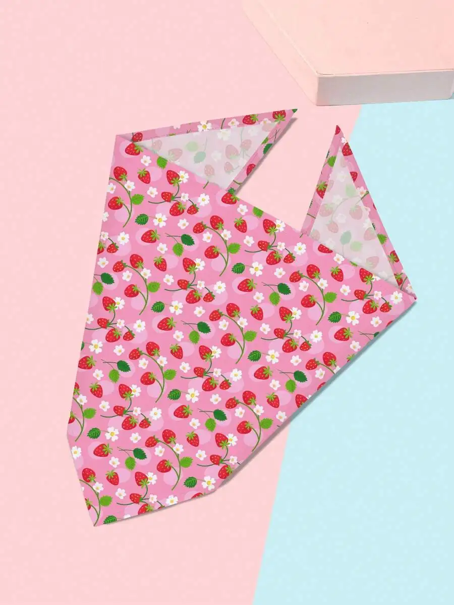 Pink Strawberry Floral Triangular Pet Bandana For Dogs And Cats, Lightweight Spring Summer Accessory