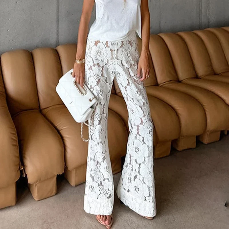 กางเกงขายาวทรงบานลายลูกไม้ผ้าแจ็คการ์ดสำหรับผู้หญิง ลายดอกไม้ฉลุลายเซ็กซี่ แฟชั่นฤดูใบไม้ร่วงใหม่ เอวสูง กางเกงทำงานสำหรับสุภาพสตรี