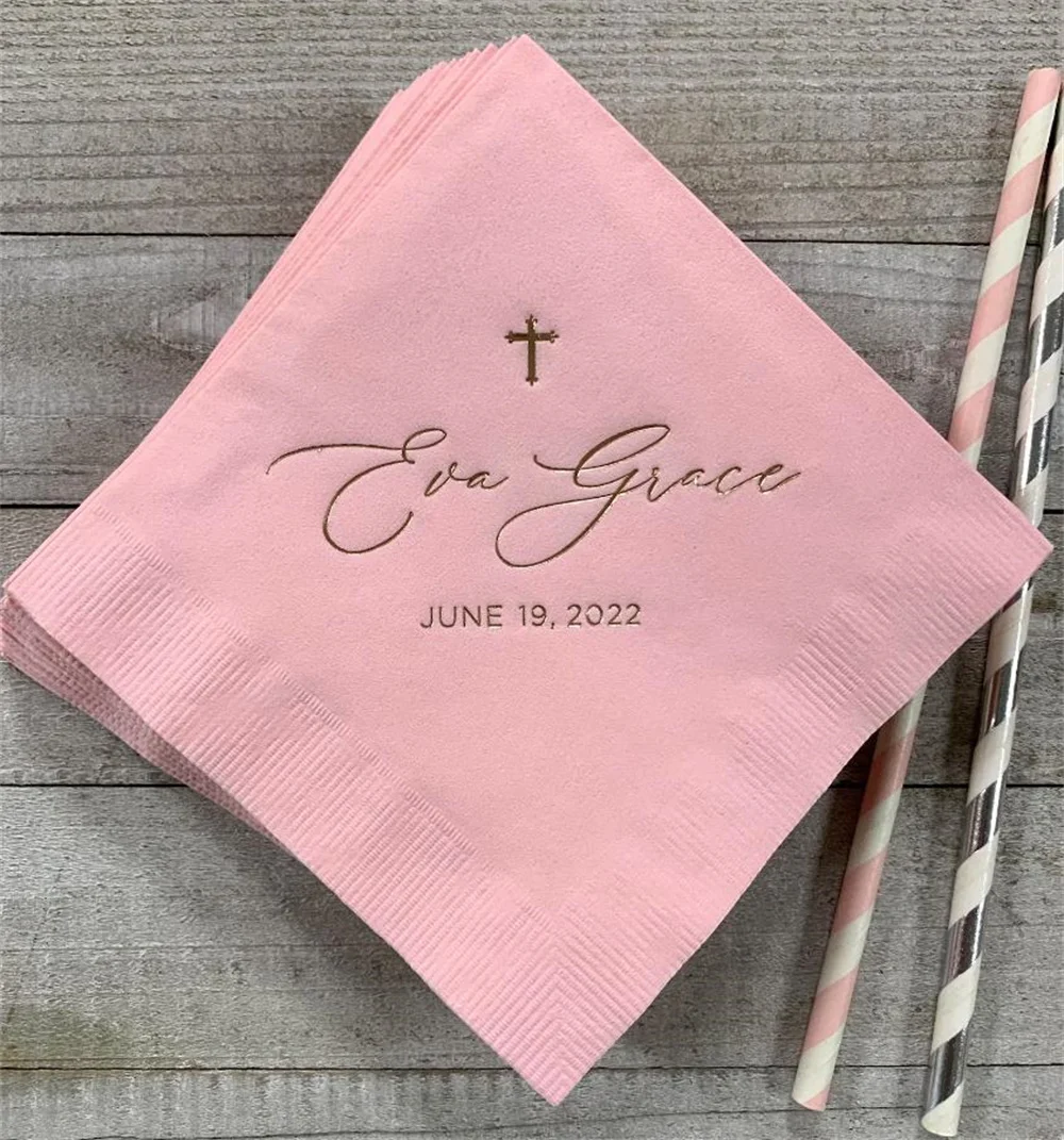 Personalized Baptism Monogram Napkins Baby Communion Christening Beverage Cross Religious Cocktail Luncheon Guest Towel Dinner