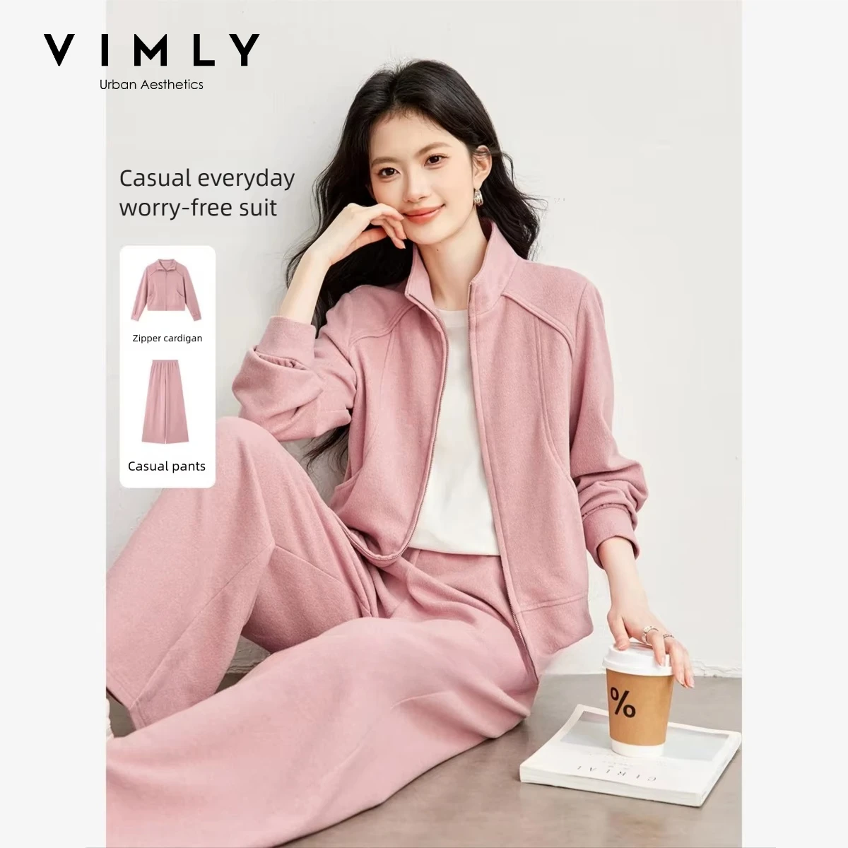 VIMLY Pink Sporty Casual Set for Women Zip-up Jacket Wide-leg Baggy Pants Two-piece Set 2026 Fall Fashion Matching Outfit A7525