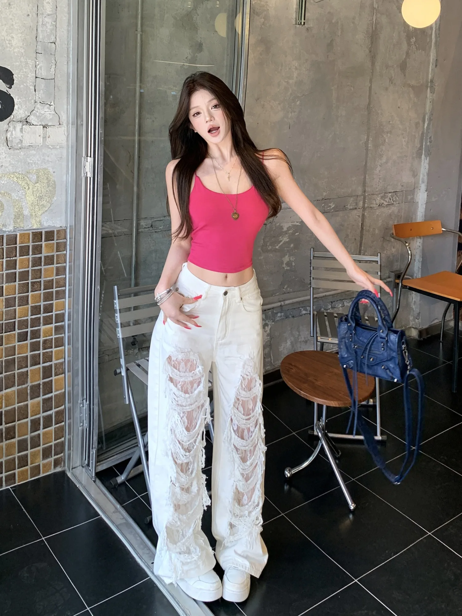 

High Waist Straight Leg Jeans Women's Design Lace Hollow Splicing Wide Leg Pants Fashionable Tear Hole Korean Style White