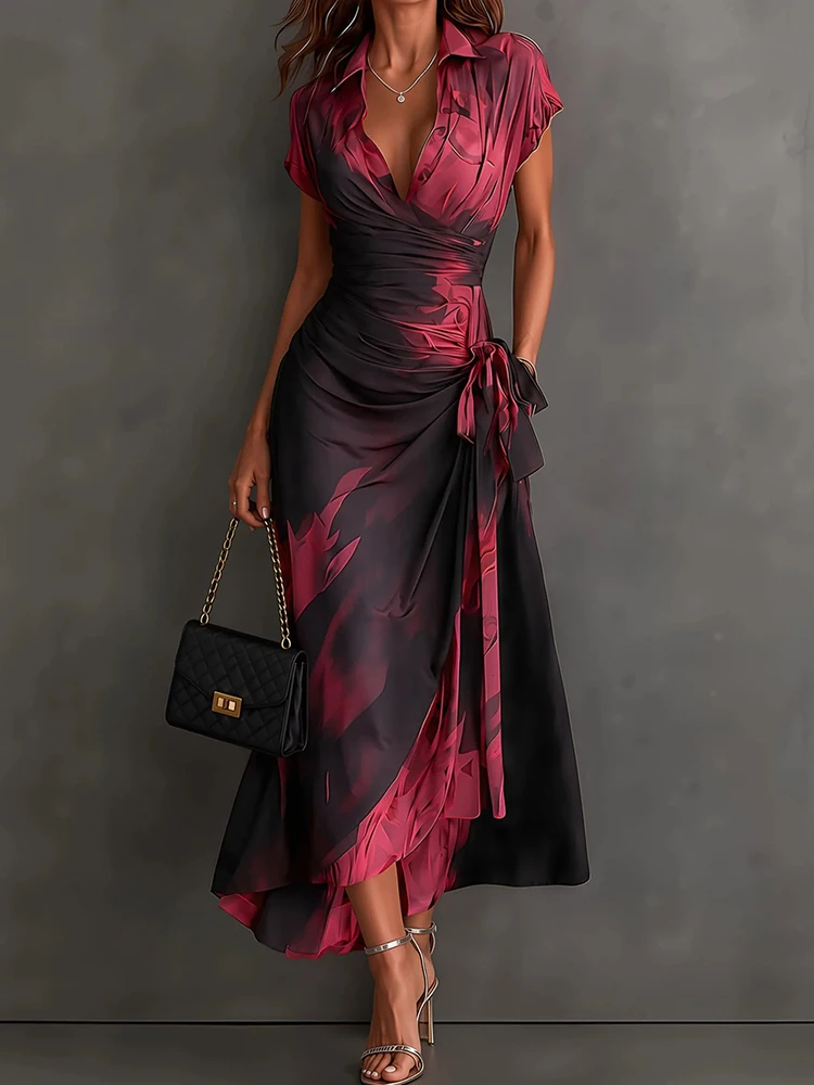 Damen Kurzarm Mode Freizeit Partykleid Sommer Umlegekragen Patchwork Urlaub Slim Fit Print Kleid Streetwear 2026