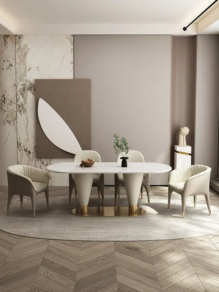 Marble rock plate light luxury French dining table modern high-end new oval rectangular dining table chair combinati