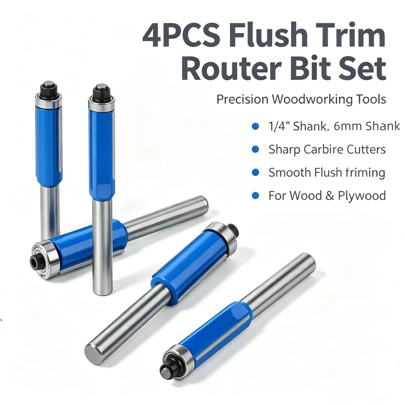 4Pcs Flush Trim Router Bits Set, TCT Double Straight Cutting Bit for Wood Trimmer, Woodworking Milling Cutter for Wood & Acrylic