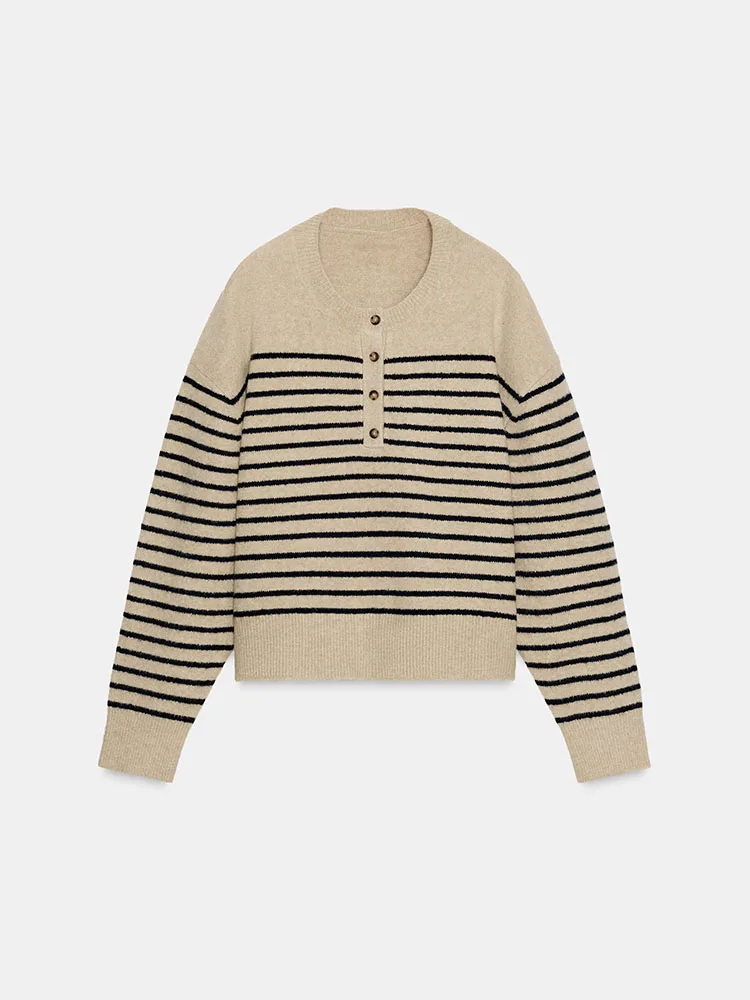 

2025 Autumn New Arrival Women's Knitwear Casual Comfortable Striped Sweater Sweet Faionable Loose Fit Long Sve round Ne